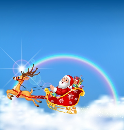 Vector illustration of Happy Santa in his Christmas sled being pulled by reindeer on cloudy rainbow backgroundのイラスト素材