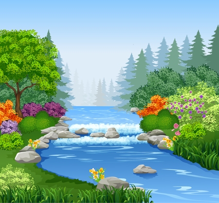Vector illustration of Beautiful mountain river in forestのイラスト素材