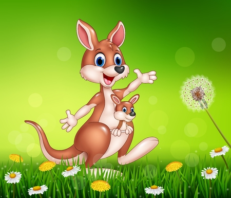 Vector illustration of Cartoon funny kangaroo carrying a cute Joeyのイラスト素材