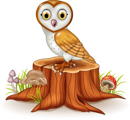 Vector illustration of Cute barn owl sitting on tree stumpのイラスト素材