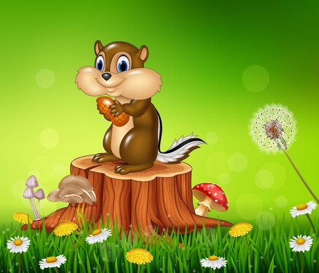 Vector illustration of Happy little chipmunk holding nut on Beautiful grass backgroundのイラスト素材