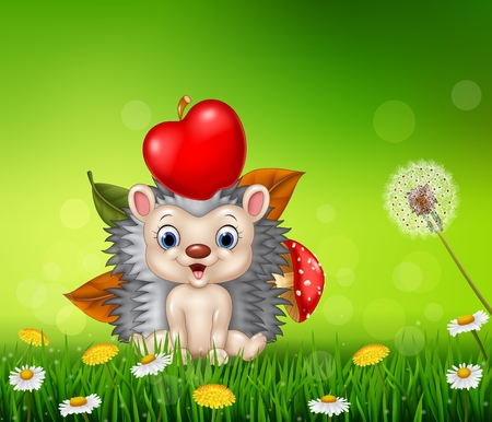 Vector illustration of Cute little hedgehog in the beautiful grass backgroundのイラスト素材