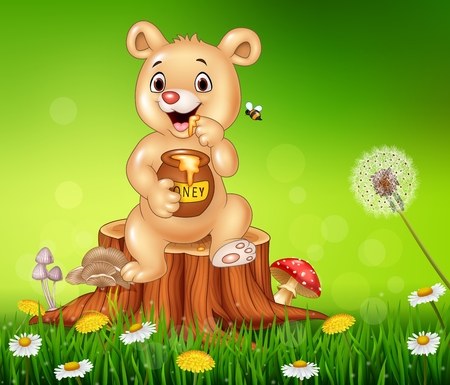 Vector illustration of Cute baby bear holding honey on tree stumpのイラスト素材