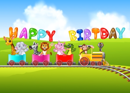 Vector illustration of Birthday background with happy animalsのイラスト素材