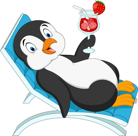 Vector illustration of Cartoon penguin sitting on beach chair and holding cocktailのイラスト素材