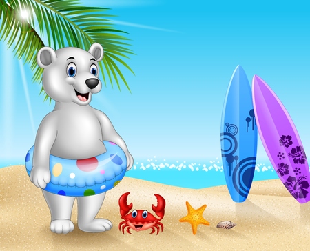 Vector illustration of Cartoon polar bear with inflatable ring in the tropical beach.のイラスト素材