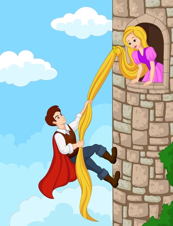 Vector illustration of Prince climbing tower using long hairのイラスト素材