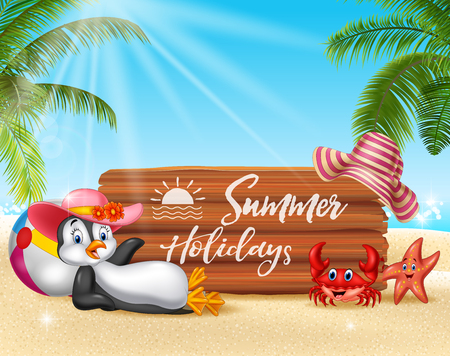 Vector illustration of Summer background with penguin relaxingのイラスト素材