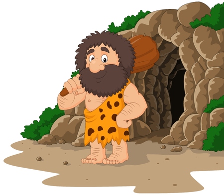 Vector illustration of Cartoon caveman holding club with cave backgroundのイラスト素材