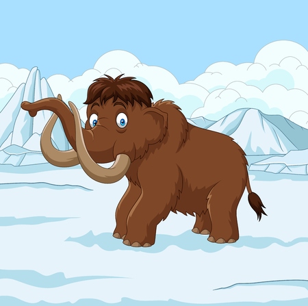 Vector illustration of Cartoon Woolly Mammoth walking through a snowy fieldのイラスト素材