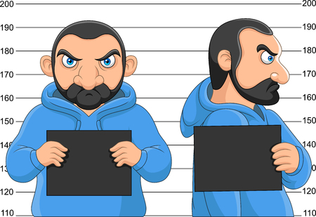 Vector illustration of Arrested man posing for mugshot holding a signboardのイラスト素材