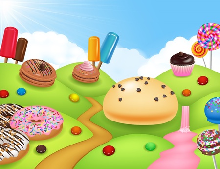 Candyland with cup cake, ice cream, donut, and lollipopのイラスト素材
