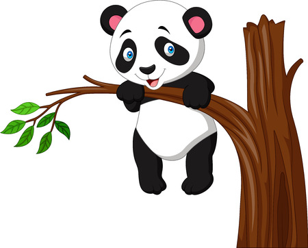 Cartoon funny panda hanging on the treeのイラスト素材
