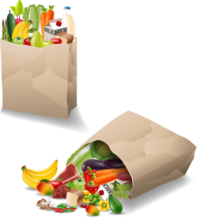Vector illustration of Fresh vegetables and fruits in a paper bagのイラスト素材