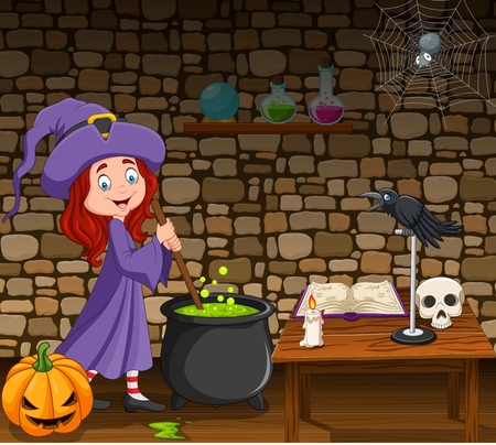 Vector illustration of Halloween background with little witch stirring magic potionのイラスト素材