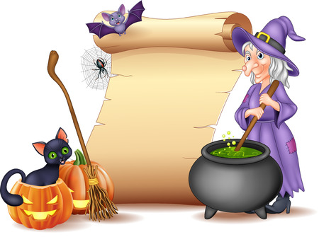 Vector illustration of Halloween sign with witch stirring magic potionのイラスト素材