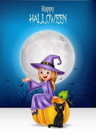 Cartoon little witch sitting on halloween pumpkin with black catのイラスト素材