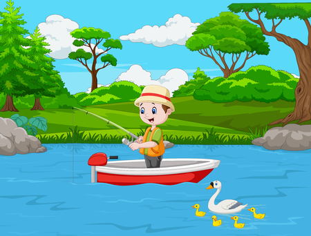 Cartoon boy fishing on a boatのイラスト素材