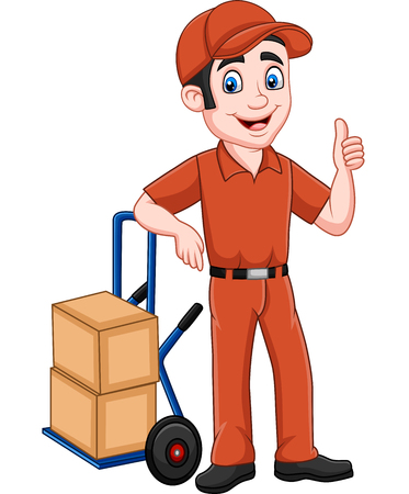 Vector illustration of Cartoon delivery man leaning on packages and giving a thumb upの素材 [FY310117712525]