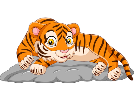 Vector illustration of Cartoon tiger laying down on stoneのイラスト素材