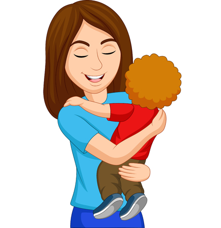 Cartoon happy mother hugging her sonのイラスト素材