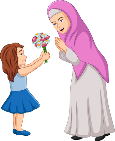 Vector illustration of Little girl giving a bunch of flowers to her motherのイラスト素材
