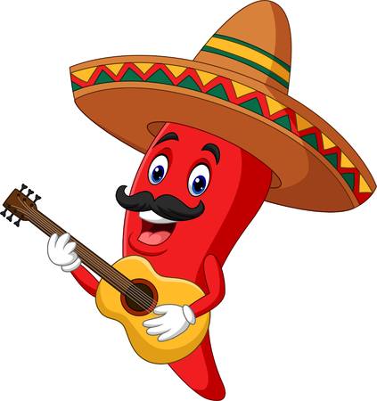 Cartoon happy sombrero chili pepper playing a guitarのイラスト素材