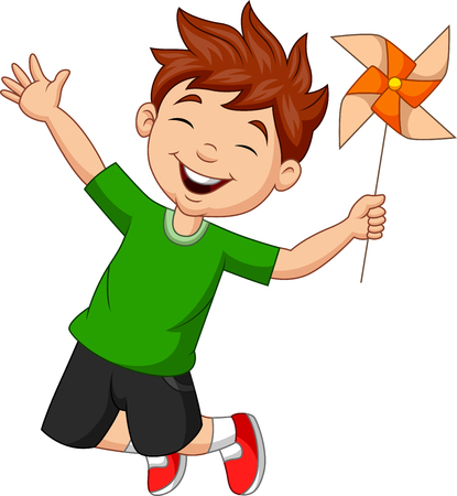 Vector illustration of Little boy jumping with a paper windmillのイラスト素材