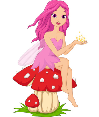 Vector illustration of Cute pink fairy cartoon sitting on a mushroomのイラスト素材