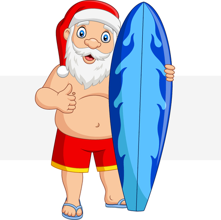 Vector illustration of Cartoon santa claus holding a surfboard and giving a thumbs upのイラスト素材
