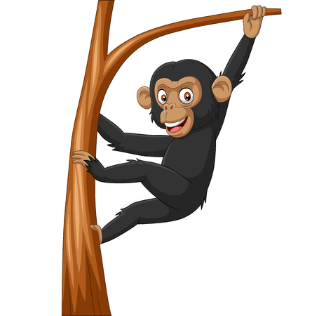 Vector illustration of Cartoon baby chimpanzee hanging in tree branchのイラスト素材