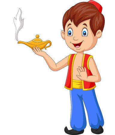 Vector illustration of Cartoon little Aladdin holding his magic lampのイラスト素材