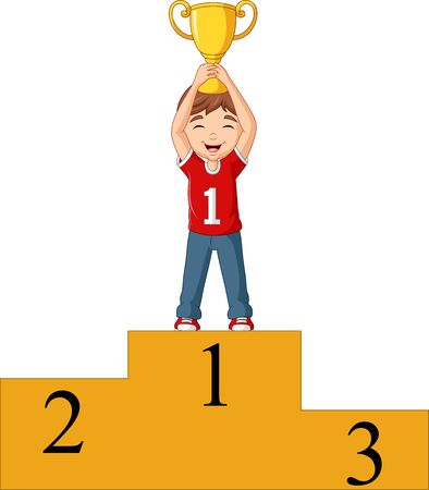 Vector illustration of Cartoon boy standing on the winning podium holding a trophyのイラスト素材