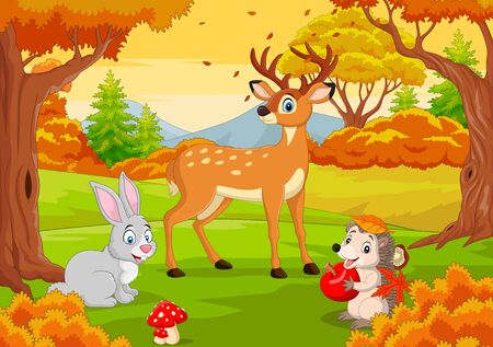 Cartoon wild animals in the autumn forestのイラスト素材