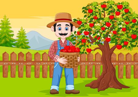 Vector illustration of Cartoon male farmer holding apple basket at the farmのイラスト素材