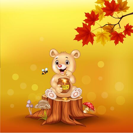 Vector illustration of Cartoon baby bear holding honey pot on tree stumpのイラスト素材