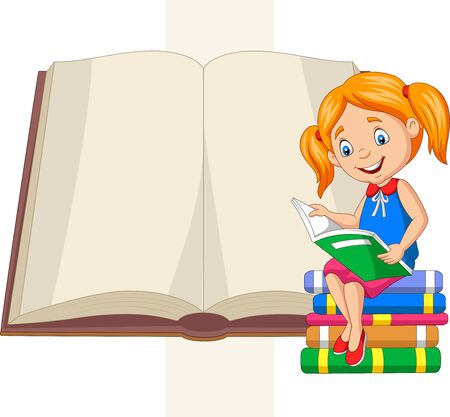 Vector illustration of Little girl reading books sitting on pile of booksのイラスト素材