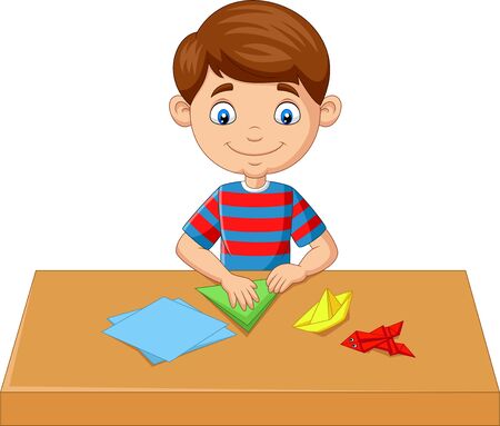 Vector illustration of Little boy folding paper and making origami toysのイラスト素材
