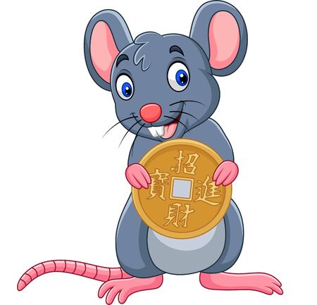 Vector illustration of Funny cartoon Rat as symbol of new year 2020 holding gold coin. Chinese translation : Happy chinese new yearのイラスト素材