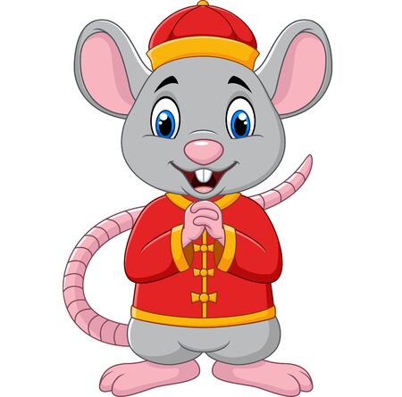 Vector illustration of Cartoon rat greeting Gong Xi Gong Xi with Chinese traditional costume. Chinese New Year. Year of the ratのイラスト素材