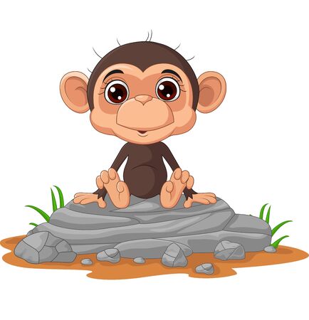 Vector illustration of Cute baby monkey cartoon sitting on the rockのイラスト素材
