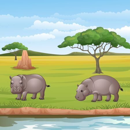 Vector illustration of Cartoon two hippos in the Savannahのイラスト素材