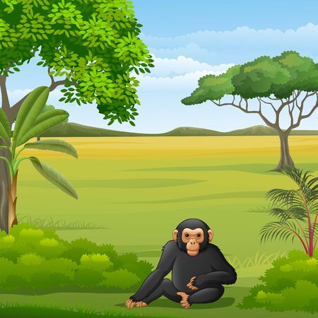 Vector illustration of Cartoon chimpanzee in the Savannahのイラスト素材