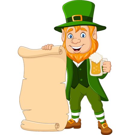 Vector illustration of Cartoon Leprechaun holding a mug beer and scroll parchmentのイラスト素材