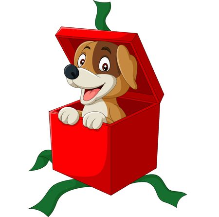 Vector illustration of Cartoon dog peeking out of red gift boxのイラスト素材