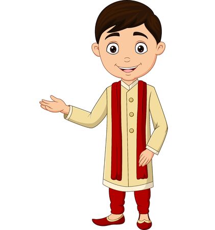 Vector Illustration of Cartoon Indian boy wearing traditional costumeのイラスト素材