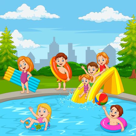 Vector illustration of Cartoon happy family playing in swimming poolのイラスト素材