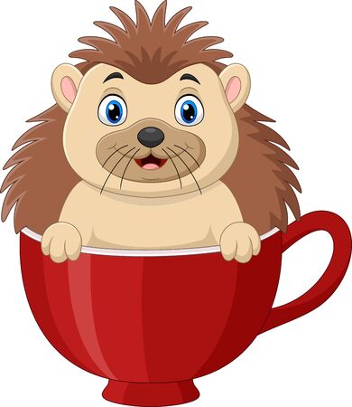 Vector illustration of Cartoon happy hedgehog sitting in a red cupのイラスト素材
