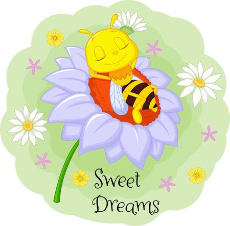 Vector illustration of Little bee sleeping on the big flowerのイラスト素材