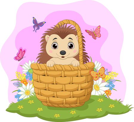 Vector illustration of Cartoon baby hedgehog sitting in a basketのイラスト素材